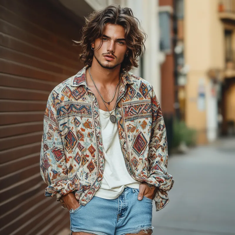 Men's Vintage Bohemian Print Lapel Loose Long Sleeve Shirt 22368405M sold by Manly product image thumbnail 3
