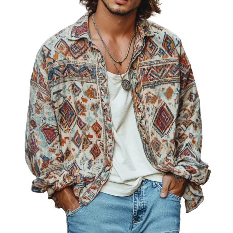 Men's Vintage Bohemian Print Lapel Loose Long Sleeve Shirt 22368405M sold by Manly