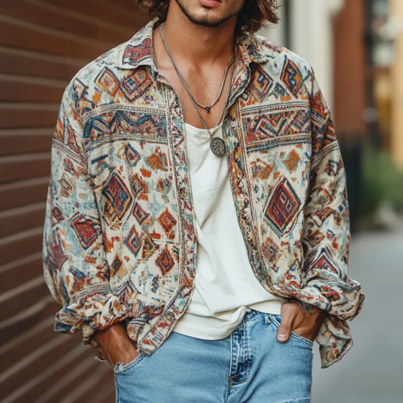 Men's Vintage Bohemian Print Lapel Loose Long Sleeve Shirt 22368405M sold by Manly product image thumbnail 2