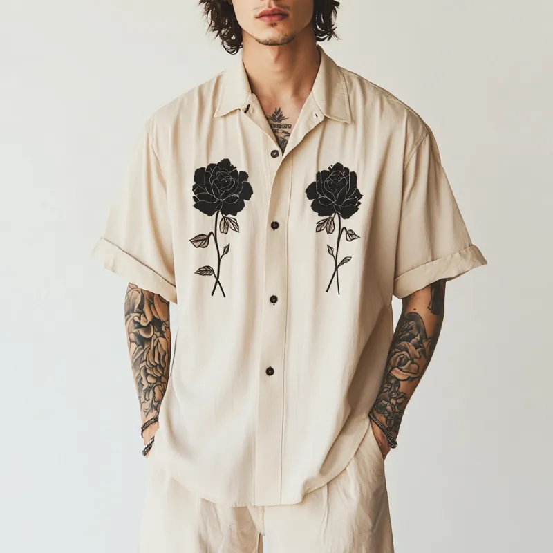 Men's Casual Cotton Linen Rose Embroidery Lapel Loose Short Sleeve Shirt 85598724M sold by Manly product image thumbnail 2