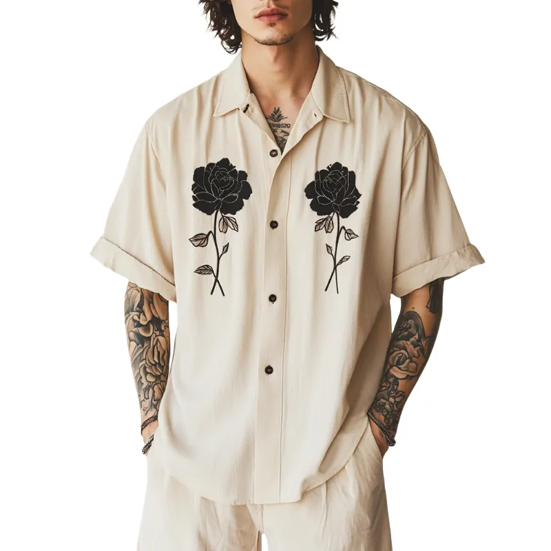 Men's Casual Cotton Linen Rose Embroidery Lapel Loose Short Sleeve Shirt 85598724M sold by Manly