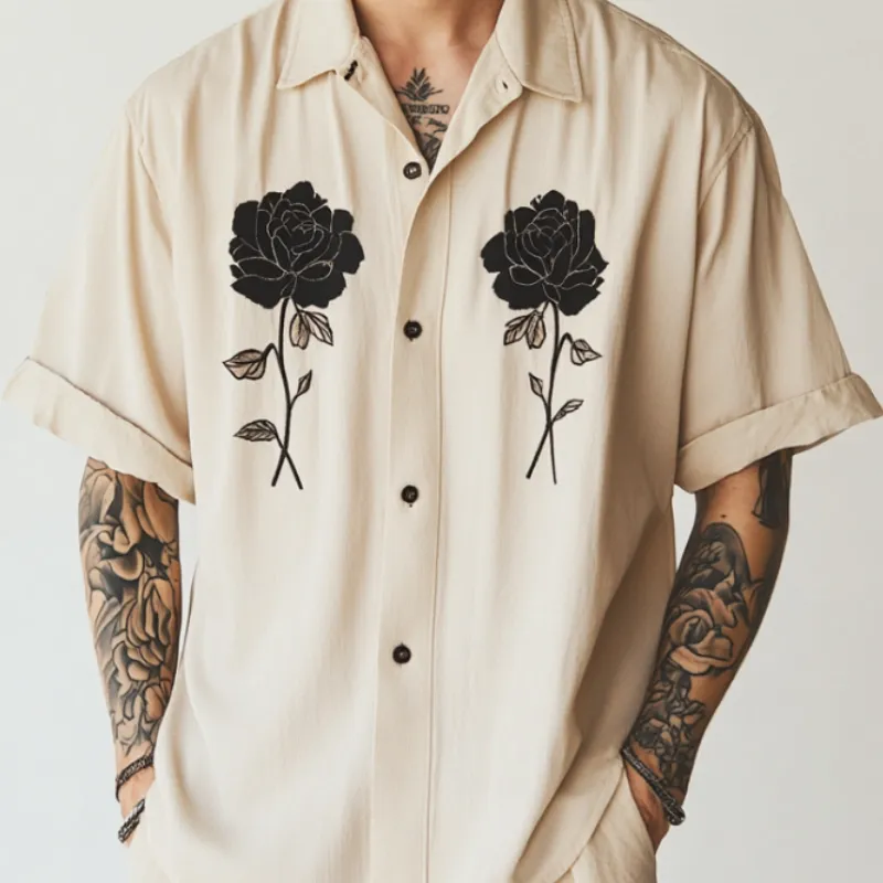 Men's Casual Cotton Linen Rose Embroidery Lapel Loose Short Sleeve Shirt 85598724M sold by Manly product image thumbnail 3