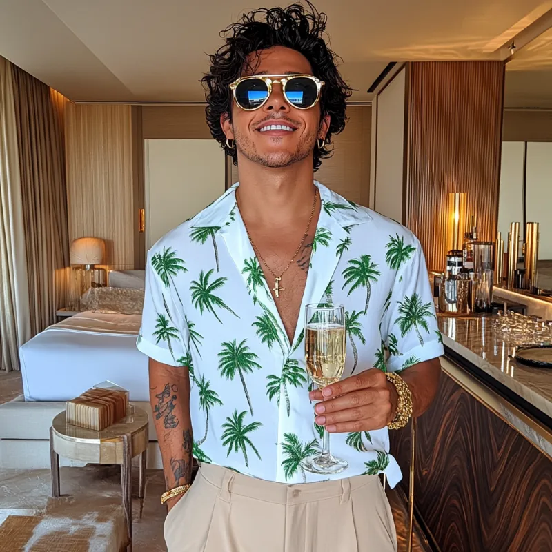 Men's Casual Palm Tree Print Cuban Collar Loose Short Sleeve Shirt 03035763M sold by Manly product image thumbnail 3