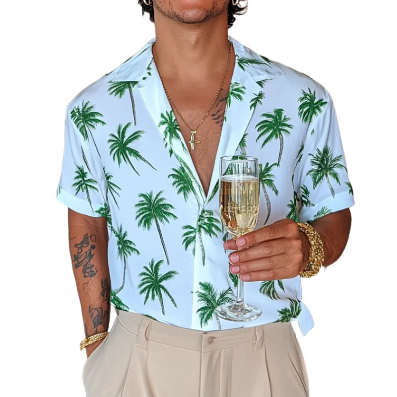 Men's Casual Palm Tree Print Cuban Collar Loose Short Sleeve Shirt 03035763M sold by Manly