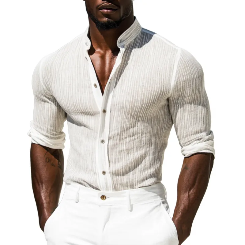 Men's Casual Cotton Linen Texture Stand Collar Slim Long Sleeve Shirt 72243416M sold by Manly