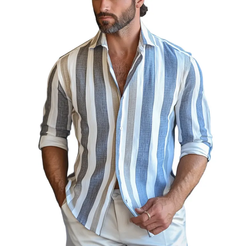 Men's Casual Stripe Print Lapel Slim Fit Long Sleeve Shirt 32955972M sold by Manly