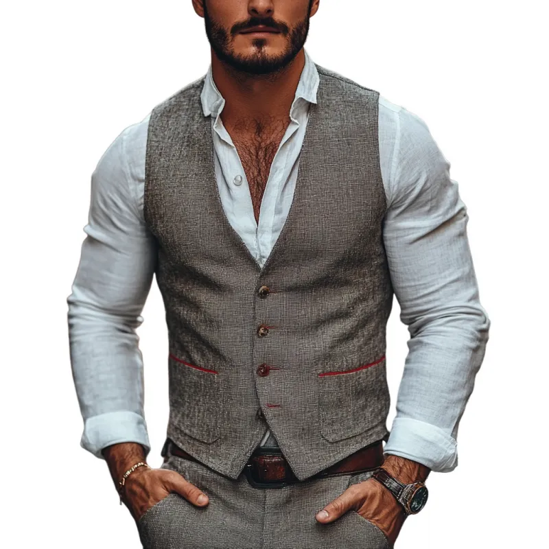 Men's Casual Linen V-neck Single Breasted Patch Pocket Slim Suit Vest 24581320M sold by Manly