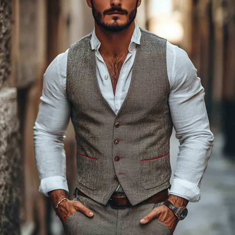 Men's Casual Linen V-neck Single Breasted Patch Pocket Slim Suit Vest 24581320M sold by Manly product image thumbnail 2