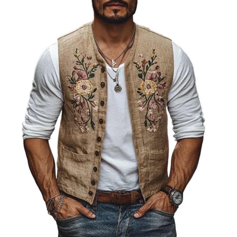 Men's Casual Linen Floral Embroidery Single Breasted Slim Fit Suit Vest 36985436M sold by Manly