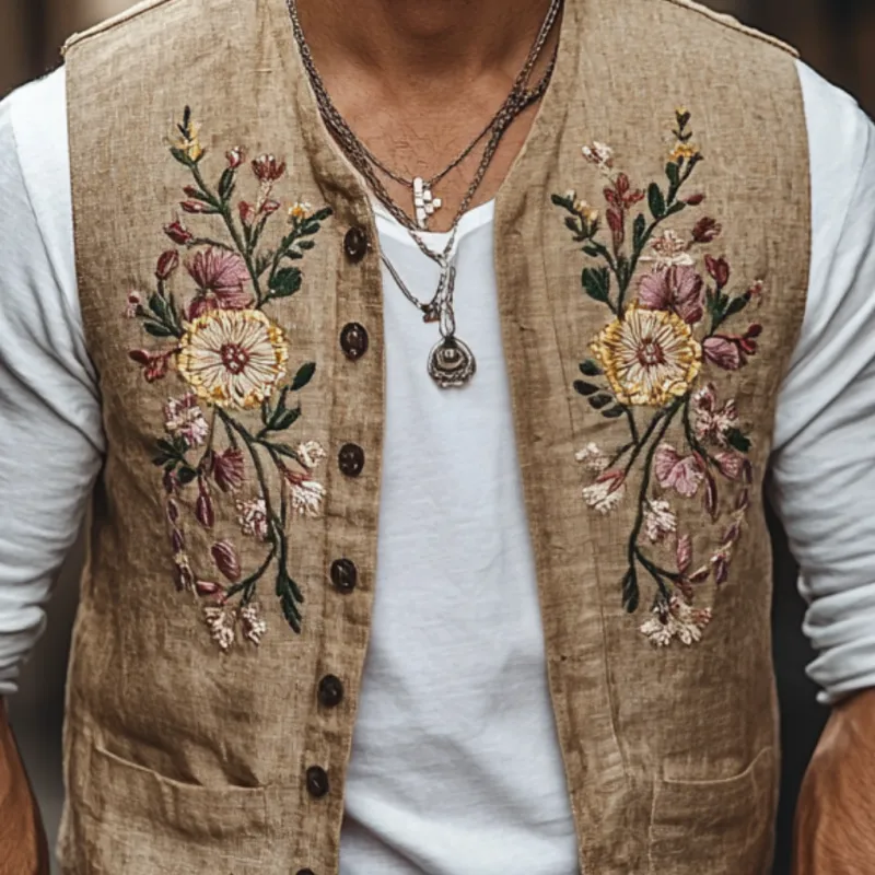 Men's Casual Linen Floral Embroidery Single Breasted Slim Fit Suit Vest 36985436M sold by Manly product image thumbnail 3