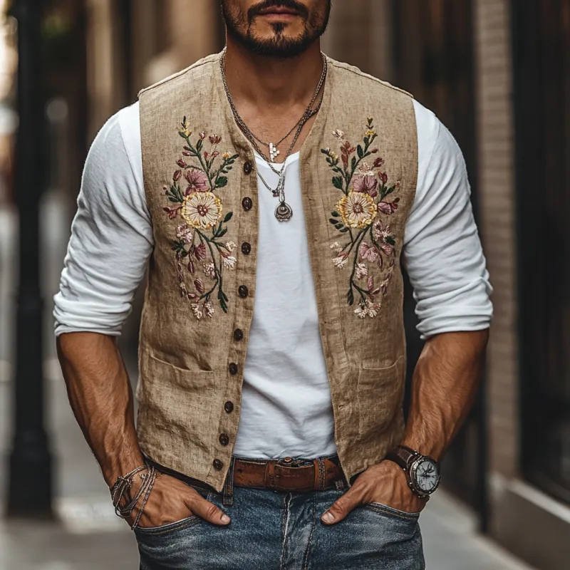 Men's Casual Linen Floral Embroidery Single Breasted Slim Fit Suit Vest 36985436M sold by Manly product image thumbnail 2
