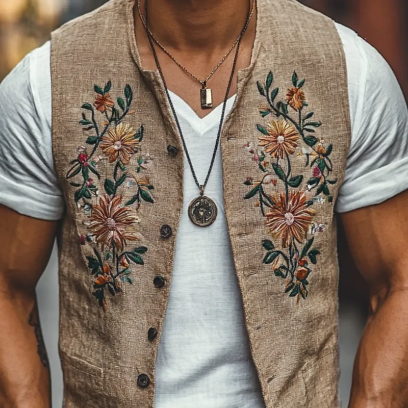 Men's Casual Linen Floral Embroidery Single Breasted Slim Fit Suit Vest 05625480M sold by Manly product image thumbnail 3