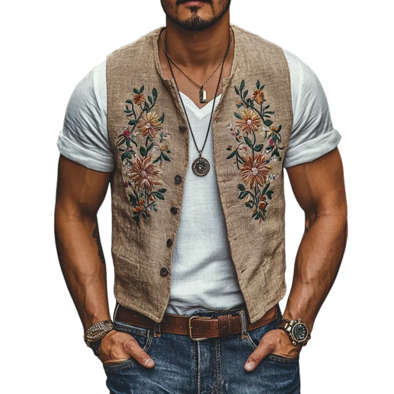 Men's Casual Linen Floral Embroidery Single Breasted Slim Fit Suit Vest 05625480M sold by Manly