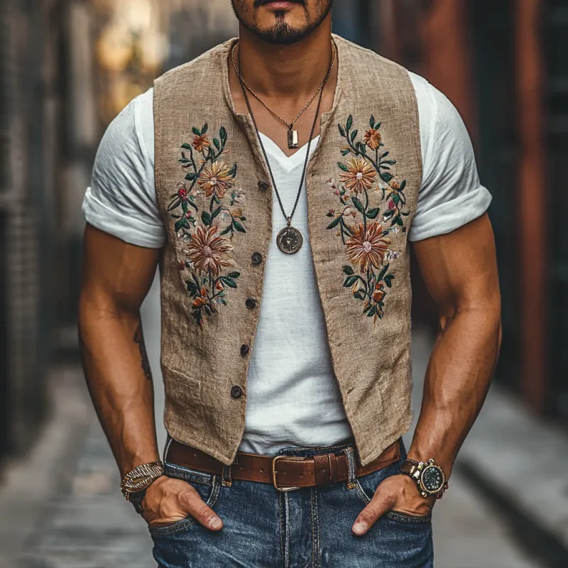Men's Casual Linen Floral Embroidery Single Breasted Slim Fit Suit Vest 05625480M sold by Manly product image thumbnail 2