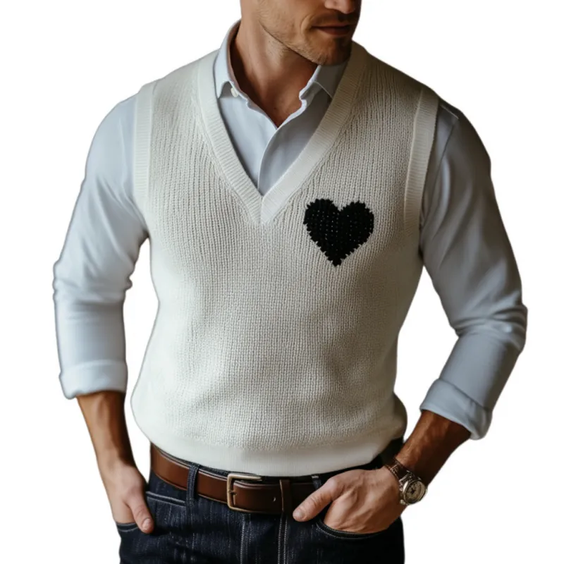 Men's Casual V-neck Heart Jacquard Slim Fit Knitted Vest 77162343M sold by Manly