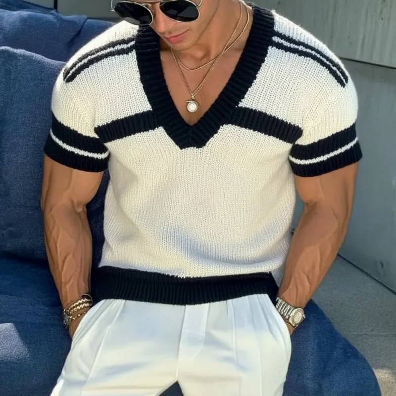 【24-hour shipping out】Men's Casual V-neck Striped Jacquard Slim Fit Knitted Short-sleeved Sweater T-Shirt 13072472M sold by Manly product image thumbnail 2