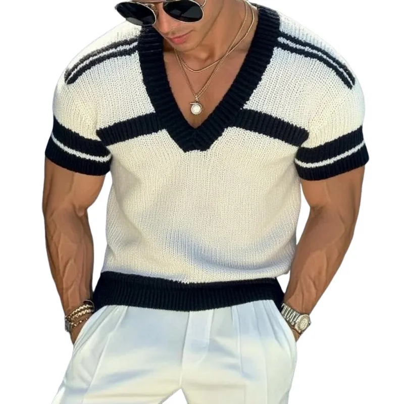 【24-hour shipping out】Men's Casual V-neck Striped Jacquard Slim Fit Knitted Short-sleeved Sweater T-Shirt 13072472M sold by Manly