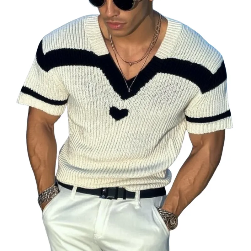 Men's Casual V-neck Jacquard Slim Fit Knitted Short-sleeved Sweater T-Shirt 90483931M sold by Manly