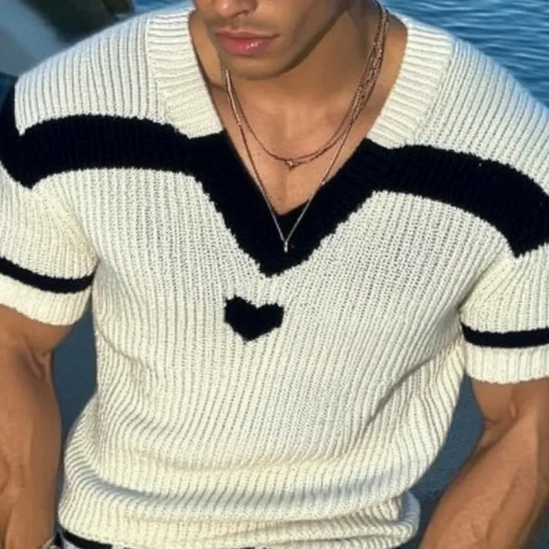 Men's Casual V-neck Jacquard Slim Fit Knitted Short-sleeved Sweater T-Shirt 90483931M sold by Manly product image thumbnail 3