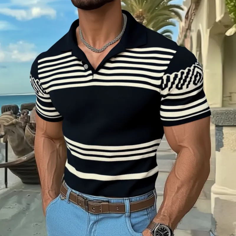 Men's Casual Lapel Striped Jacquard Slim Fit Knitted Short Sleeve Sweater T-Shirt 90237196M sold by Manly product image thumbnail 2