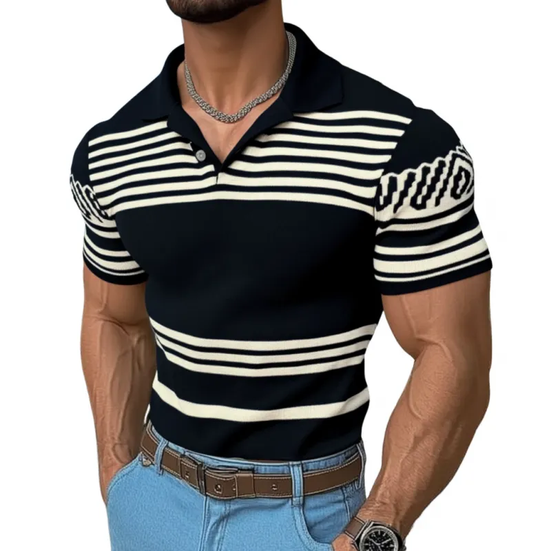 Men's Casual Lapel Striped Jacquard Slim Fit Knitted Short Sleeve Sweater T-Shirt 90237196M sold by Manly