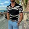 Men's Casual Lapel Striped Jacquard Slim Fit Knitted Short Sleeve Sweater T-Shirt 90237196M sold by Manly