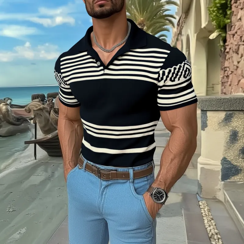 Men's Casual Lapel Striped Jacquard Slim Fit Knitted Short Sleeve Sweater T-Shirt 90237196M sold by Manly product image thumbnail 3