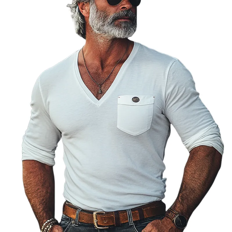 Men's Solid Color Cotton V Neck Chest Pocket Long Sleeve Cargo T-shirt 86620218Z sold by Manly