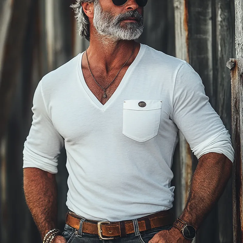 Men's Solid Color Cotton V Neck Chest Pocket Long Sleeve Cargo T-shirt 86620218Z sold by Manly product image thumbnail 2