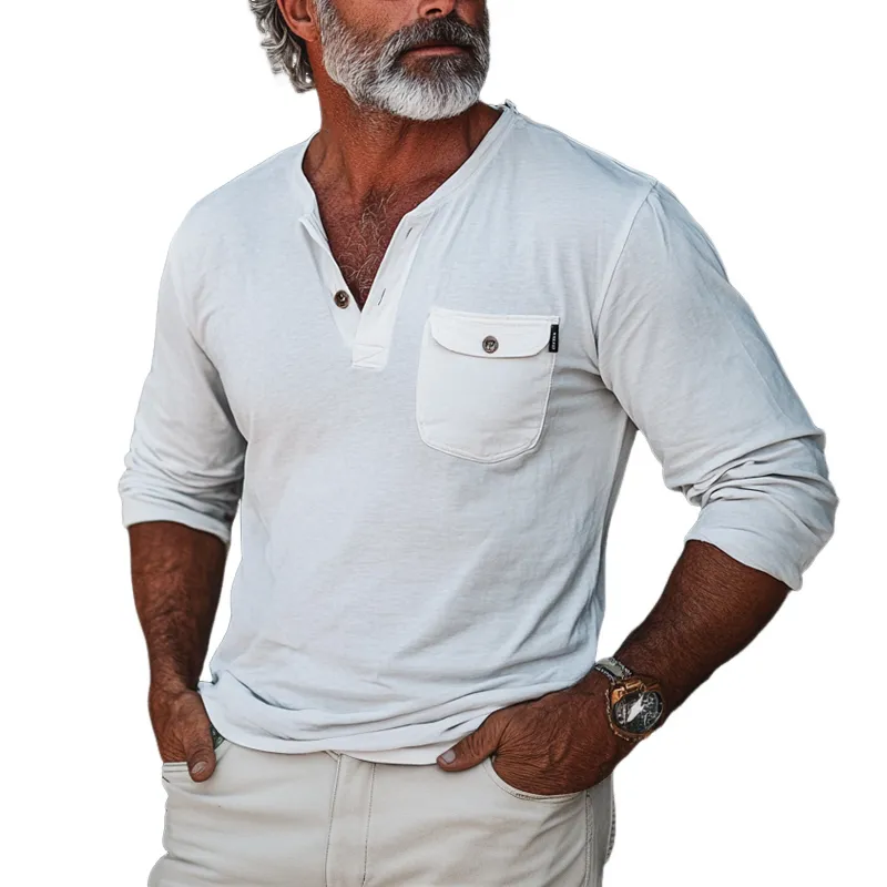 Men's Solid Color Henley Collar Chest Pocket Long Sleeve Cargo T-shirt 54541631Z sold by Manly