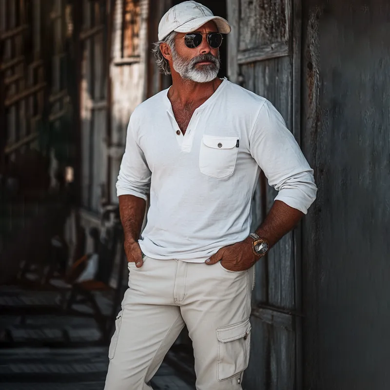 Men's Solid Color Henley Collar Chest Pocket Long Sleeve Cargo T-shirt 54541631Z sold by Manly product image thumbnail 3