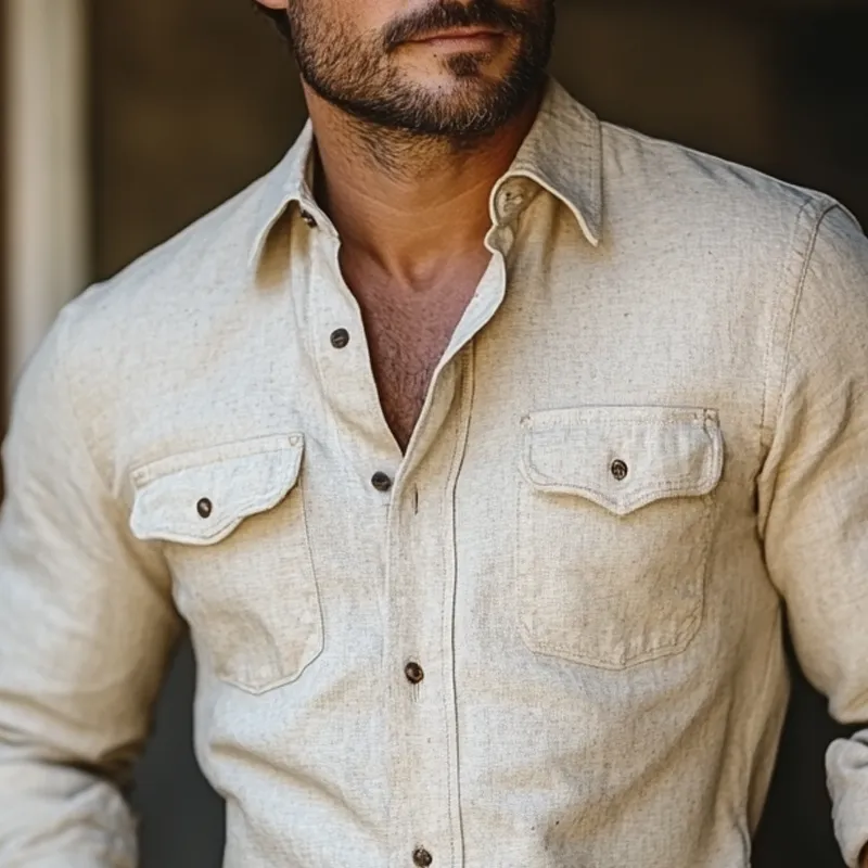 Men's Cotton And Linen Lapel Chest Pocket Long Sleeve Casual Shirt 21639358Z sold by Manly product image thumbnail 3