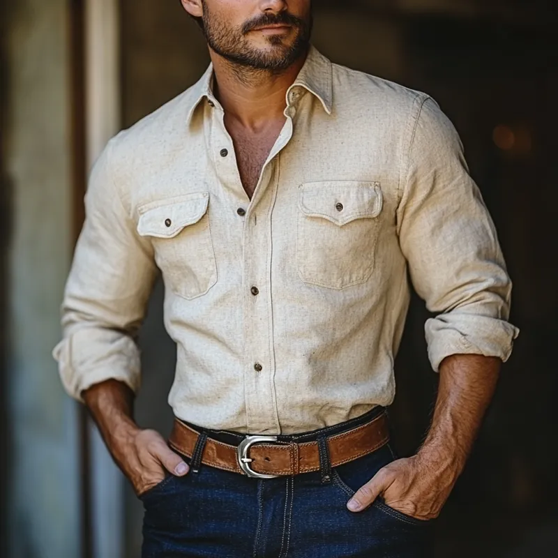 Men's Cotton And Linen Lapel Chest Pocket Long Sleeve Casual Shirt 21639358Z sold by Manly product image thumbnail 2