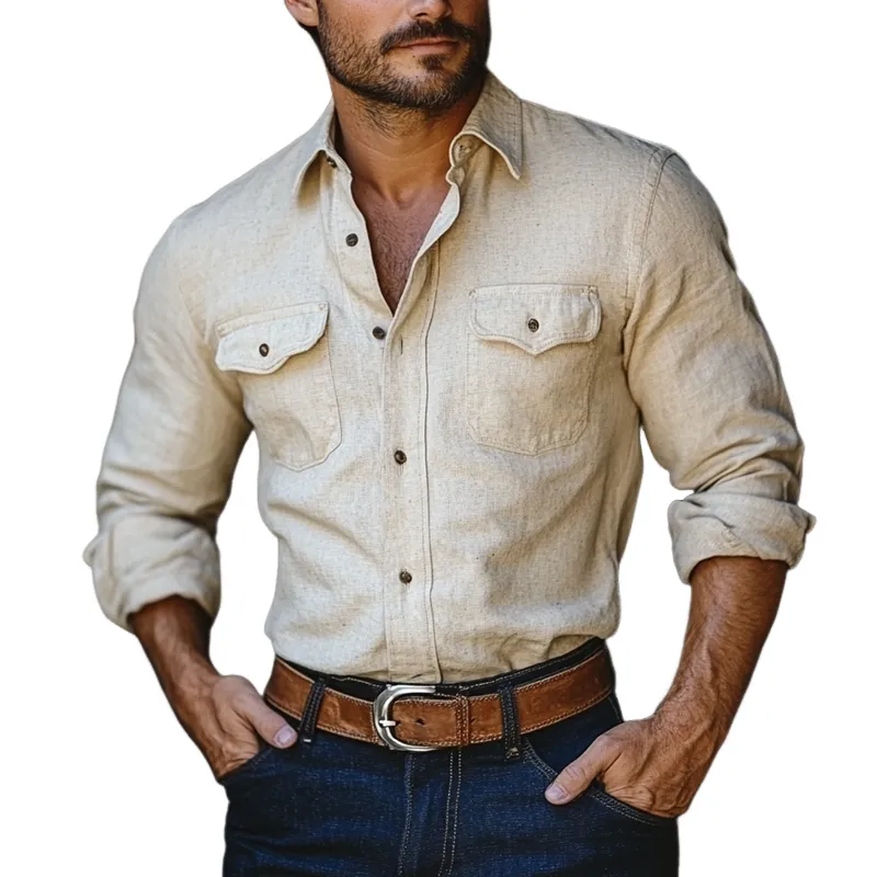 Men's Cotton And Linen Lapel Chest Pocket Long Sleeve Casual Shirt 21639358Z sold by Manly