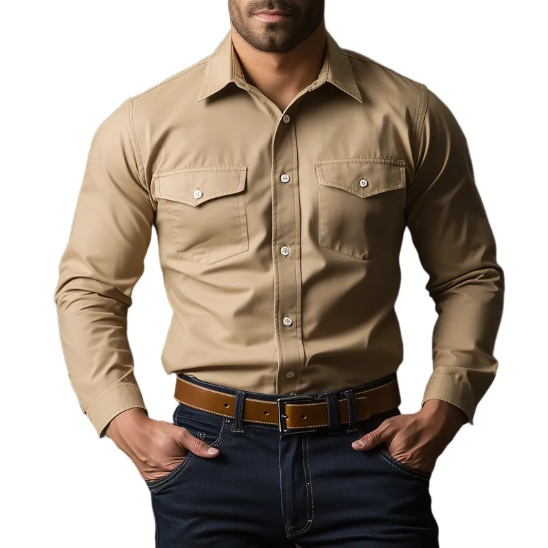 Men's Solid Color Cotton Lapel Chest Pocket Long Sleeve Cargo Shirt 50624417Z sold by Manly