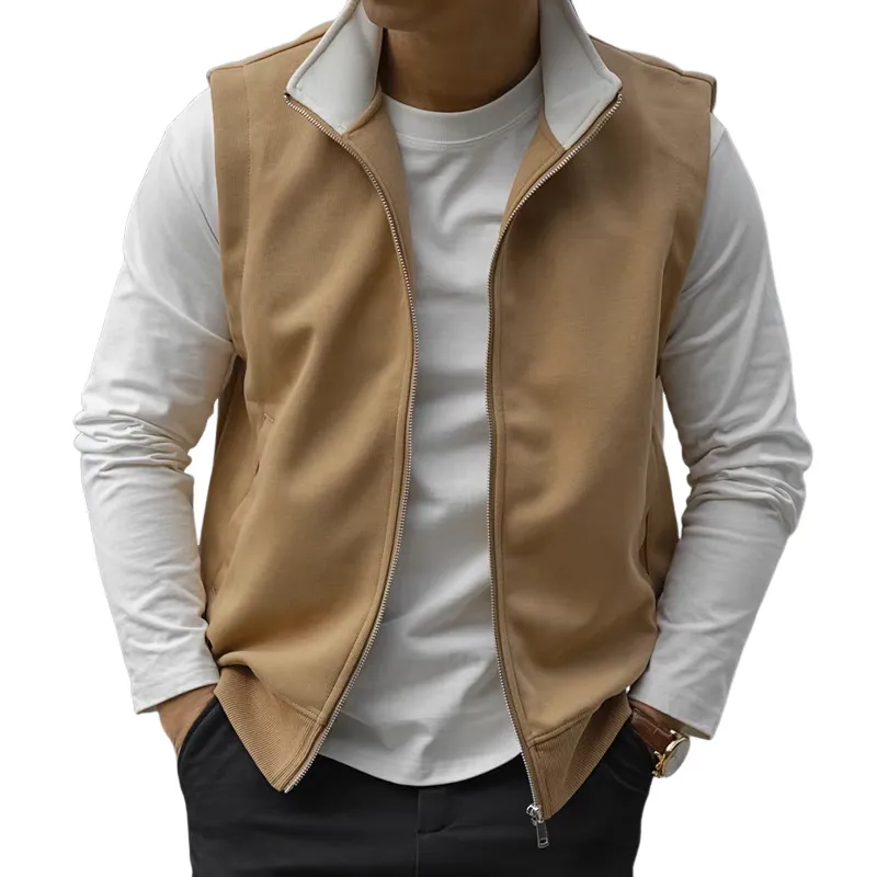 Men's Colorblock Cotton Blend Stand Collar Sleeveless Zipper Vest 21712807Z sold by Manly