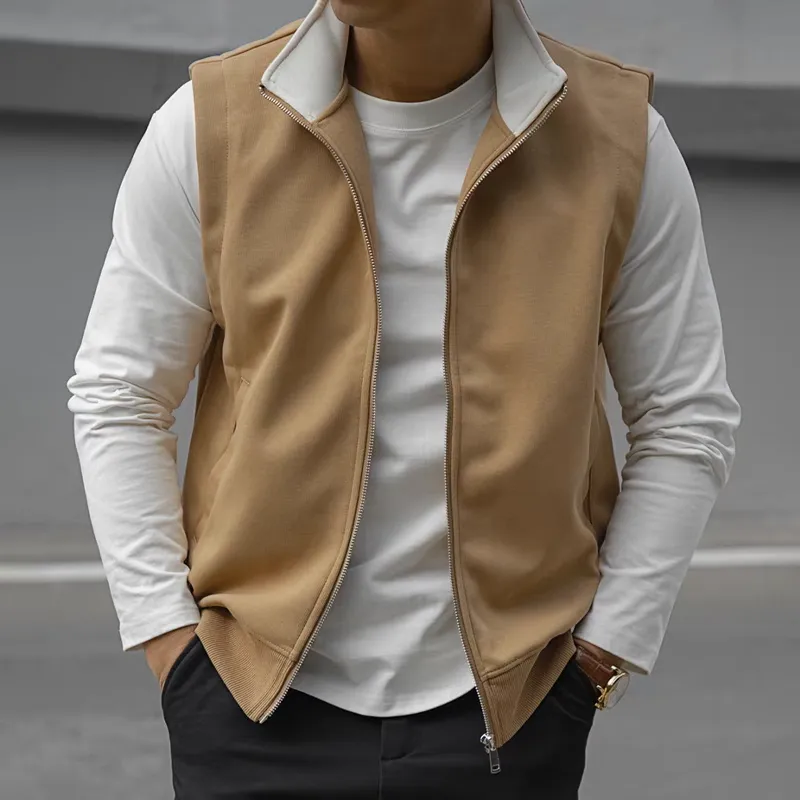 Men's Colorblock Cotton Blend Stand Collar Sleeveless Zipper Vest 21712807Z sold by Manly product image thumbnail 2
