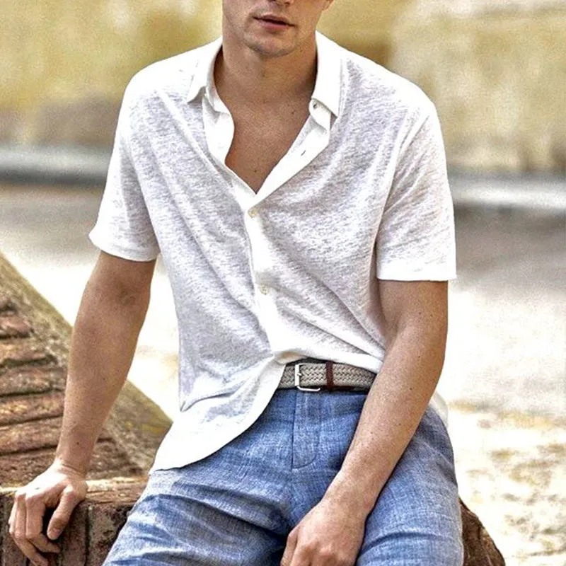 Men's Cotton Blend Solid Color Lapel Short Sleeve Shirt 83402338X sold by Manly product image thumbnail 2