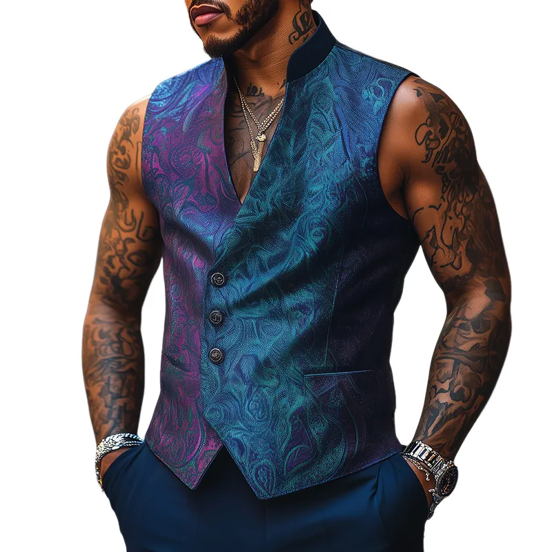 Men's Retro Casual Print Stand Collar Vest 94400572TO sold by Manly