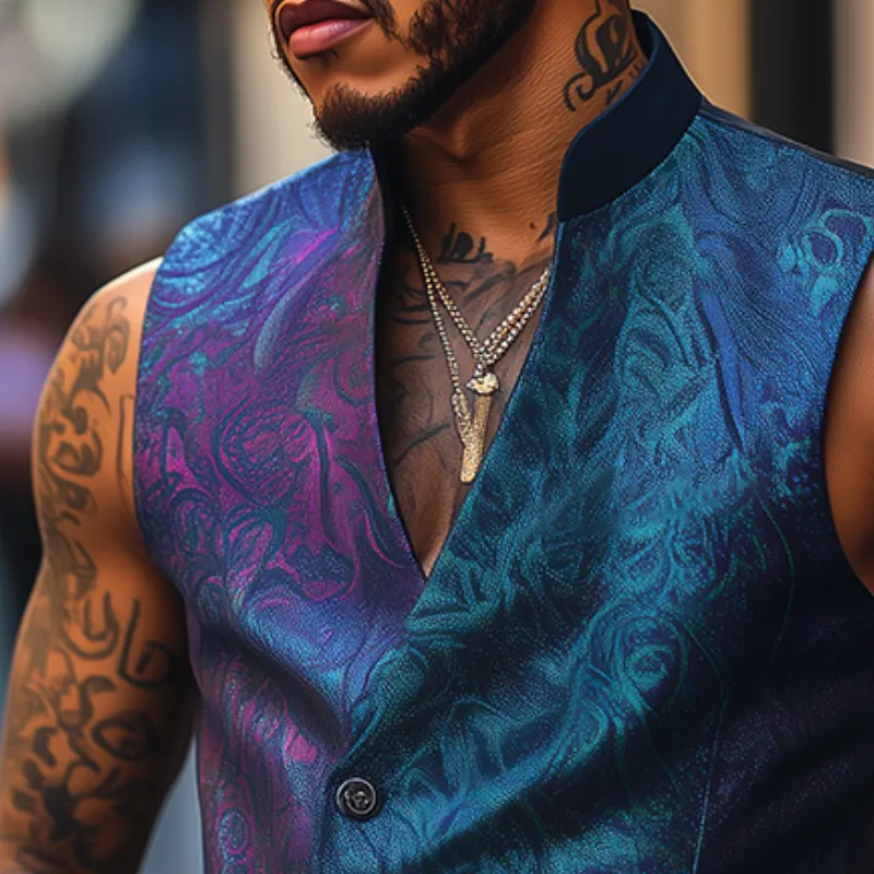 Men's Retro Casual Print Stand Collar Vest 94400572TO sold by Manly product image thumbnail 3