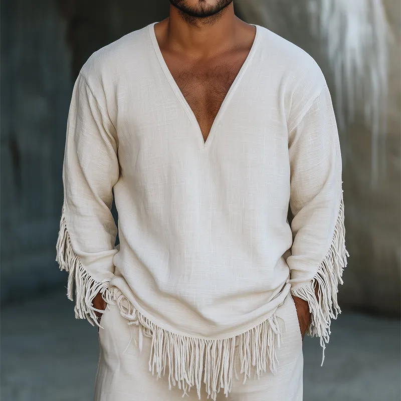 Men's Retro Tassel Casual Linen V-Neck Long Sleeve Shirt 25424192TO sold by Manly product image thumbnail 2