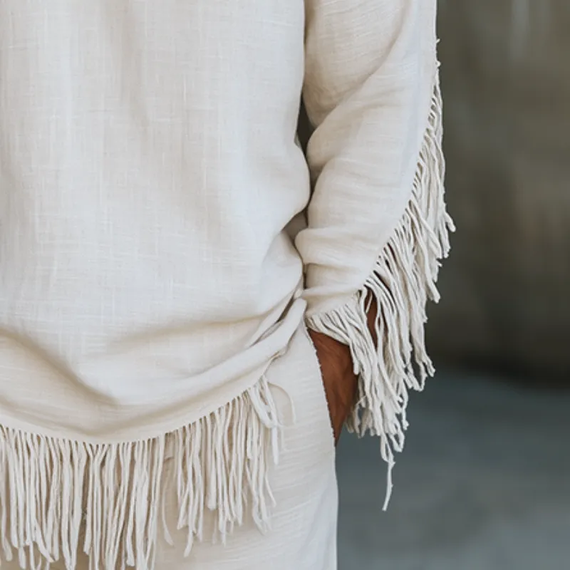 Men's Retro Tassel Casual Linen V-Neck Long Sleeve Shirt 25424192TO sold by Manly product image thumbnail 3