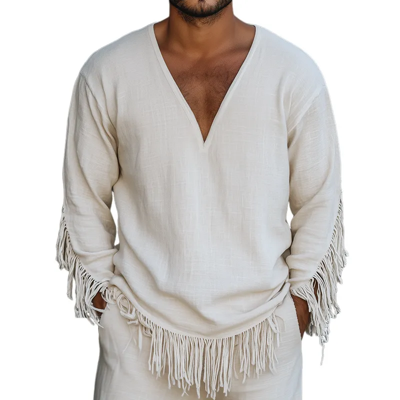 Men's Retro Tassel Casual Linen V-Neck Long Sleeve Shirt 25424192TO sold by Manly
