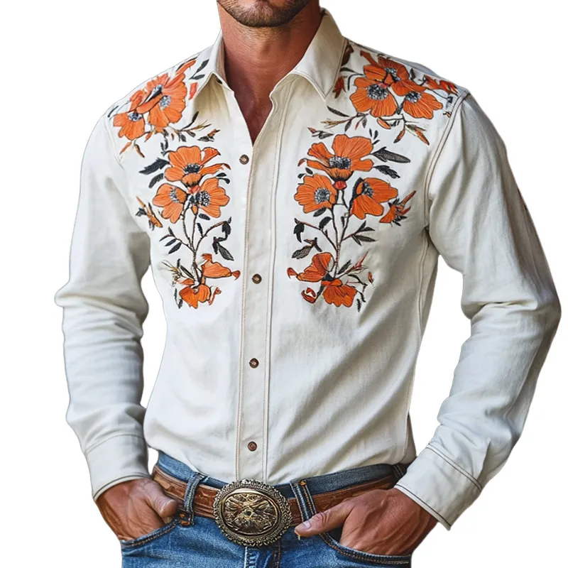Men's Vintage Embroidered Lapel Long Sleeve Shirt 55928106TO sold by Manly
