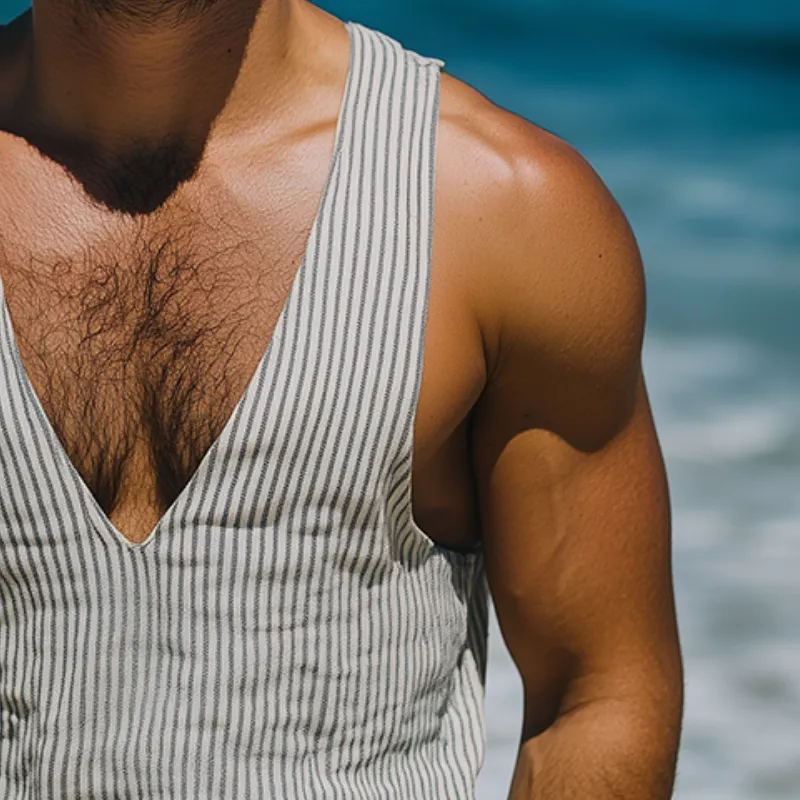 Men's Retro Casual Striped Printed Linen V-Neck Tank Top 08431710TO sold by Manly product image thumbnail 3