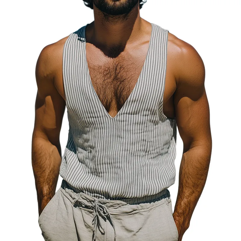 Men's Retro Casual Striped Printed Linen V-Neck Tank Top 08431710TO sold by Manly