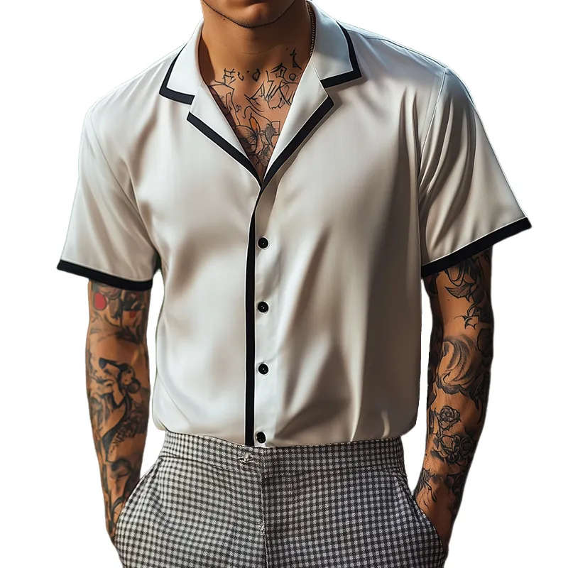 Men's Retro Satin Colorblock Casual Lapel Short Sleeve Shirt 91376486TO sold by Manly