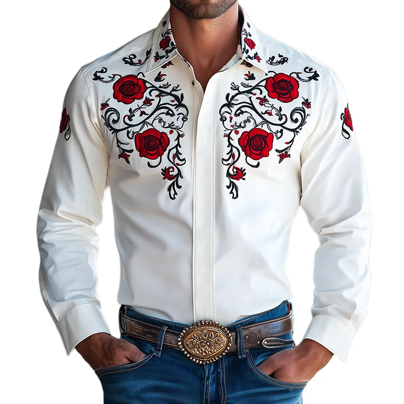 Men's Vintage Embroidered Lapel Long Sleeve Shirt 53893408TO sold by Manly