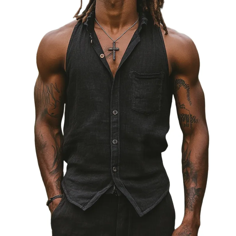 Men's Casual Cotton Linen Lapel Patch Pocket Slim Sleeveless Shirt 21906309M sold by Manly
