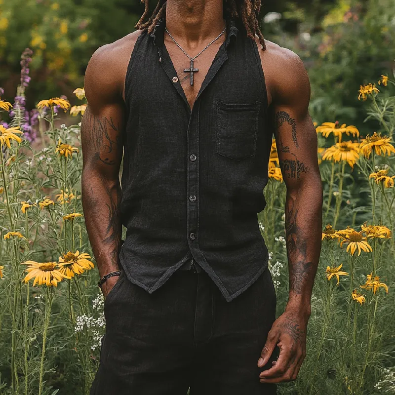 Men's Casual Cotton Linen Lapel Patch Pocket Slim Sleeveless Shirt 21906309M sold by Manly product image thumbnail 3